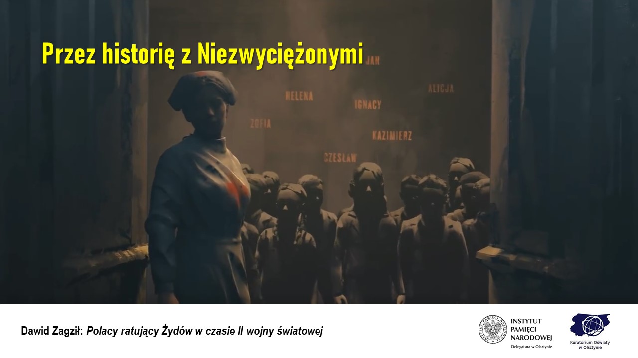 Kobieta w czepku pielęgiarki i czerwonym krzyżem na piersi wraz z grupą dzieci stoi w półmroku korytarza